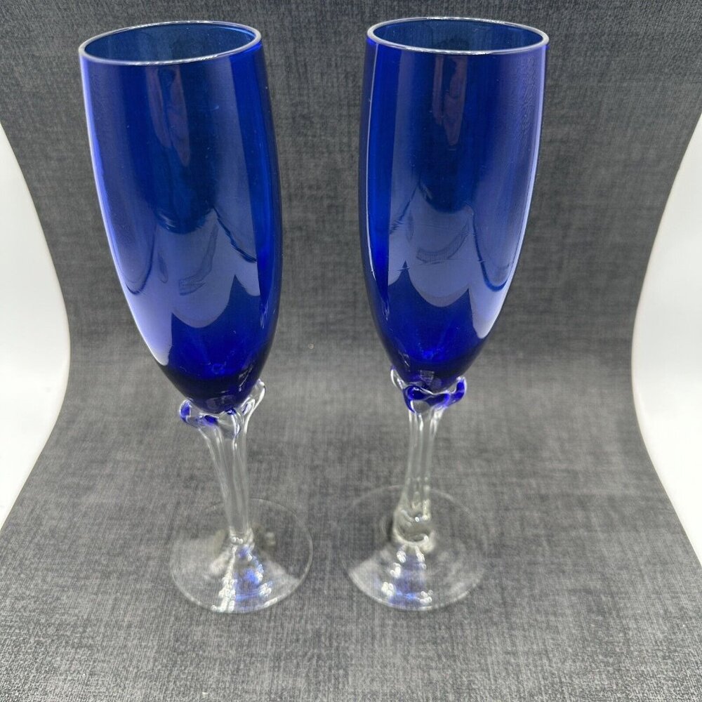 Cobalt Blue Glass Champagne Flutes Clear Tulip Ornate 4 Sided Stem Lot of 2 8"